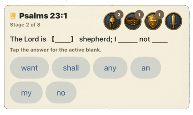 Psalms 23 verse memorization card with fill-in-the-blank answer choices